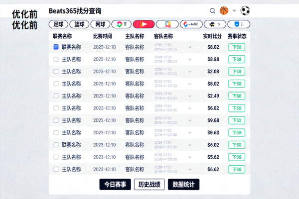 优化前的Beats365比分查询界面截图，布局较为复杂，信息堆叠