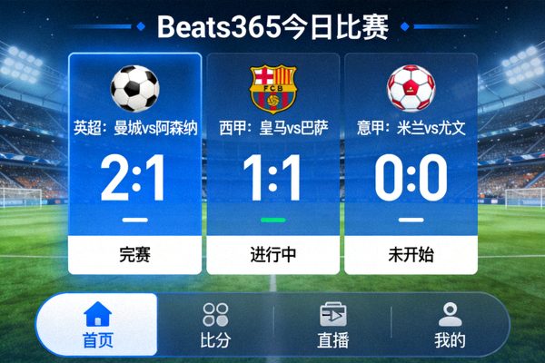 Beats365今日比赛比分查询功能界面展示图，显示清晰的赛事列表与比分信息